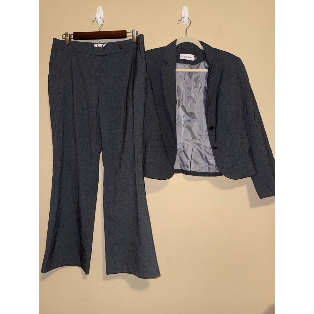 Calvin Klein Womens Charcoal Gray 2 Piece Pant Suit Blazer 12P Pant 10P Business